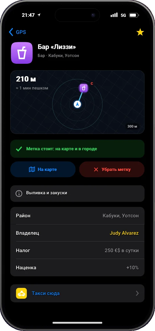GPS в телефоне: карточка бара с владельцем, налогом и наценкой